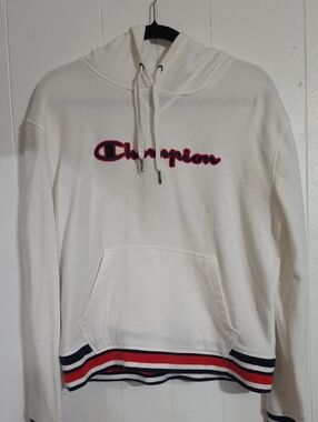 Champion White Hoodie with Red & Navy Script and Stripe Trim